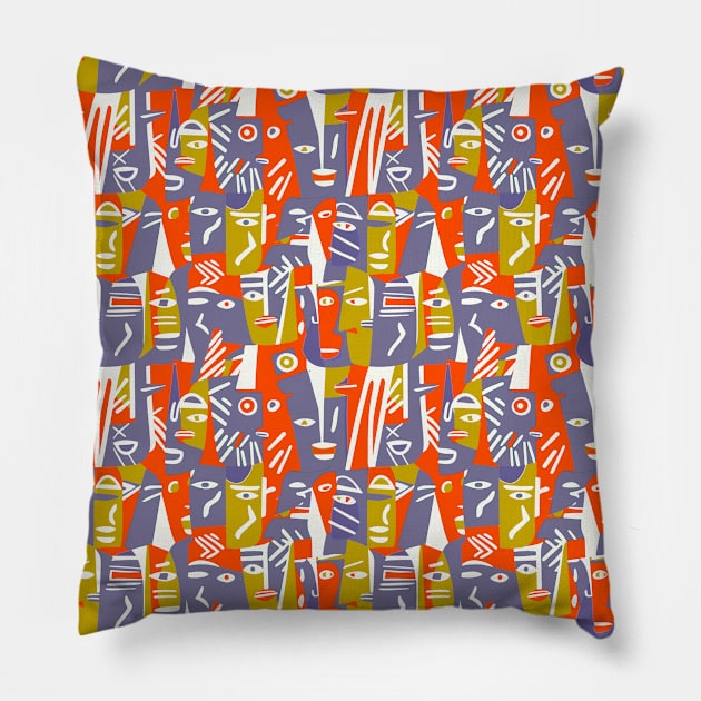 Cubist ethnic faces Pillow by Remotextiles