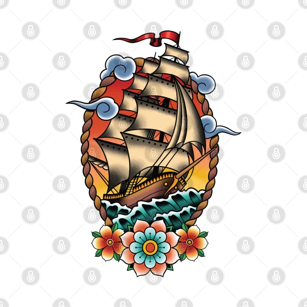 Traditional Tattoo Sailing Ship, Clipper Ship Illustration by Seven Relics