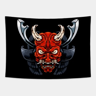 Oni And Samurai Helmet Tapestry