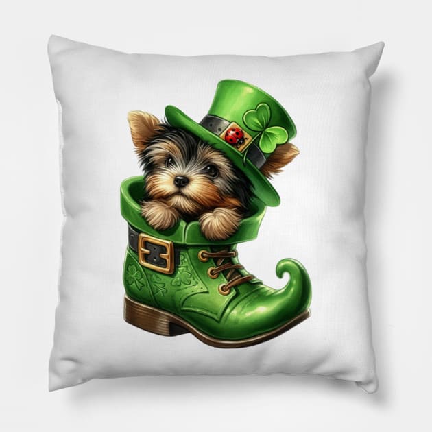 Yorkshire Terrier Dog Shoes For Patricks Day Pillow by Chromatic Fusion Studio