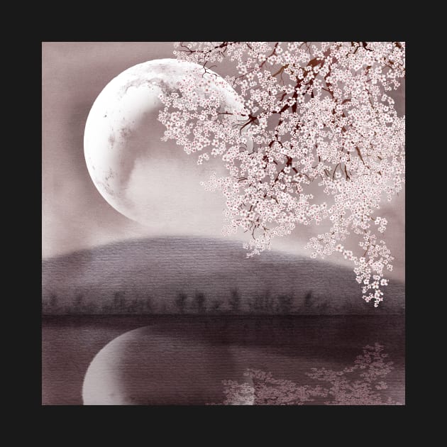 Blooming Sakura tree on water. Full moon romantic landscape watercolor by likapix