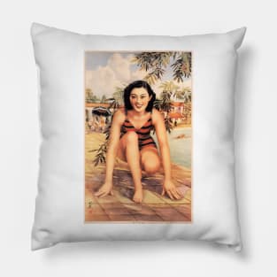 Weekend Fun Pool Swimming Retro Chinese Woman Pin Up Art Pillow