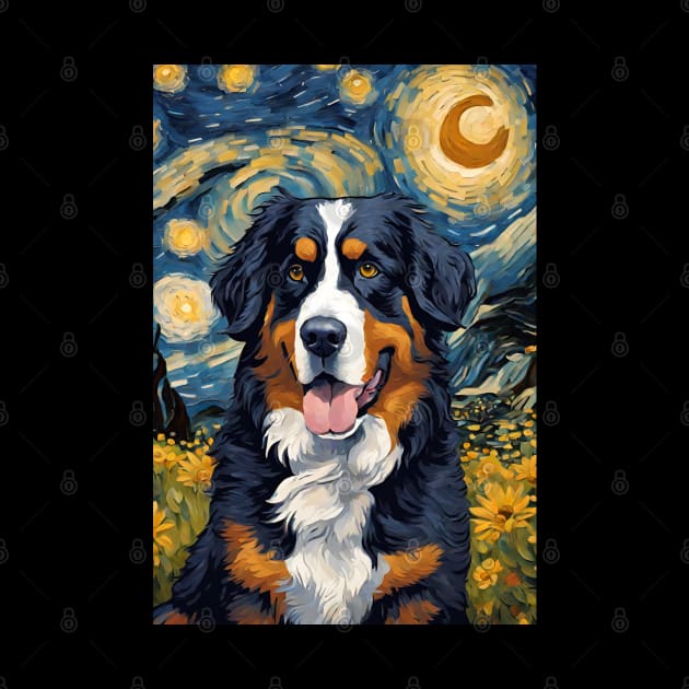 Bernese Mountain Dog Breed Painting in a Van Gogh Starry Night Art Style by Art-Jiyuu