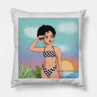 portrait girl beach swimsuit illustration aesthetic Pillow