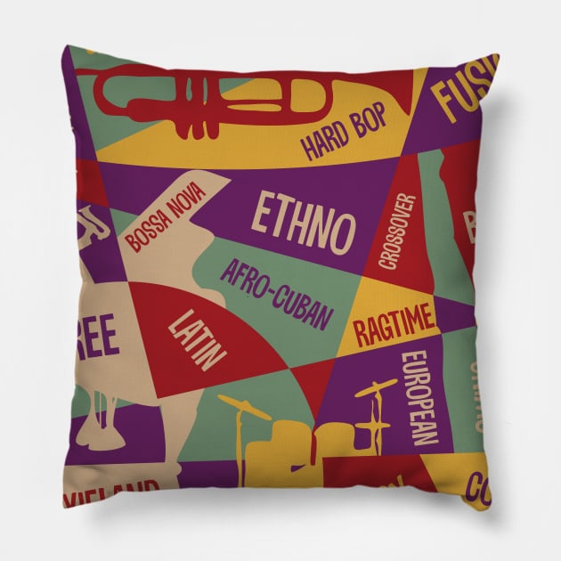 Creative Jazz Design with Jazz Genres Pillow by jazzworldquest