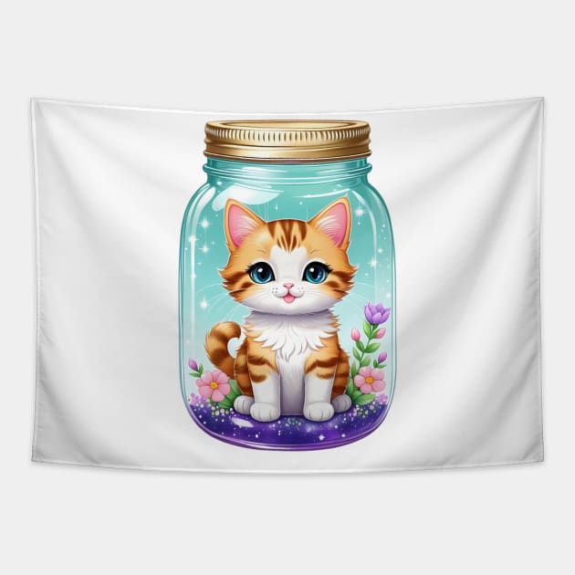 Cute Cat With Beautiful Flowers In Mason Jar Tapestry by HappyDigitalPOD