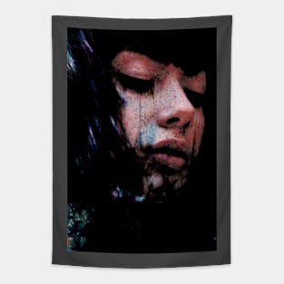 Beautiful girl, black shapes on skin. Sci-fi. Dark, slight blue. Tapestry