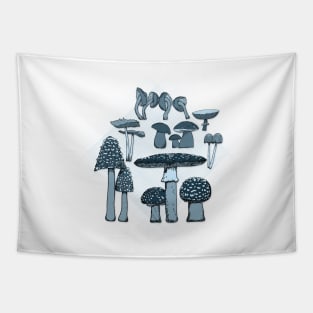 Mushroom Paradise Blue Background Tapestry