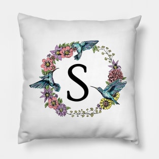 Monogram Frame Hummingbirds Letter S Pillow