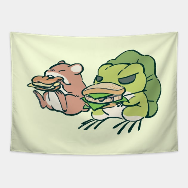 traveling frog eating sandwich lunch with mouse / tabi kaeru Tapestry by mudwizard