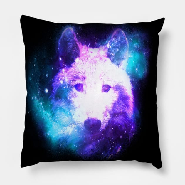 Dramabite Wolf Galaxy Surreal Wild Lone Wolves Double Exposure Stars Pillow by dramabite