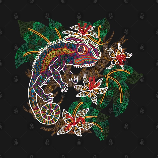 PSYCHEDELIC TRIPPY HORROR VACUI ANIMAL CHAMELEON ON BRANCH - linework by Xotico Design