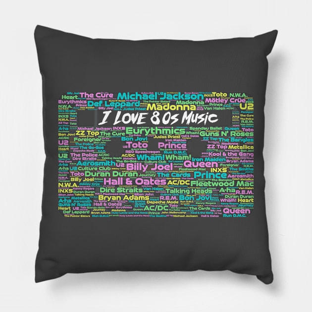 80s Music Wordcloud for Darker Backgrounds Pillow by WYL - Words You Love