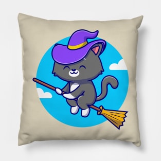 Cute Witch Cat Riding Magic Broom Cartoon Pillow