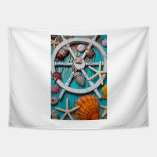 White Ships Wheel And Seashells Tapestry