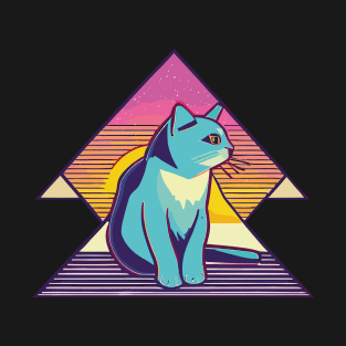 Vintage 80s Geometric Cat with Sunset T-Shirt