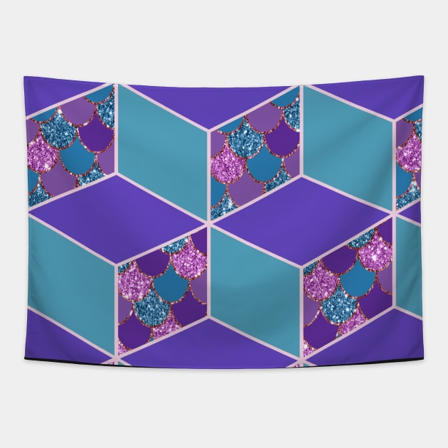 Mermaid Scale Purple and Teal Cubed Geometric Pattern Tapestry by SeaChangeDesign