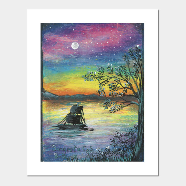 Ship In The Moonlight Colorful Oil Pastels Scenery Landscape