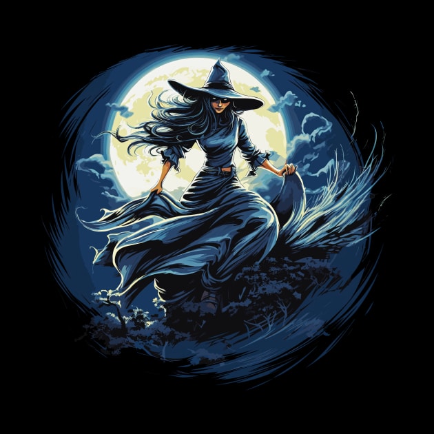Blue Witch on a Dark Halloween Night by Tees 4 Thee