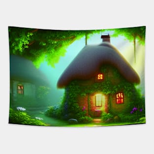 Fantasy House In a Greenery Scene, Fantasy Cottagecore artwork Tapestry