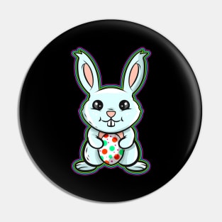 A Kawaii Easter Bunny holding a painted Easter Egg Pin