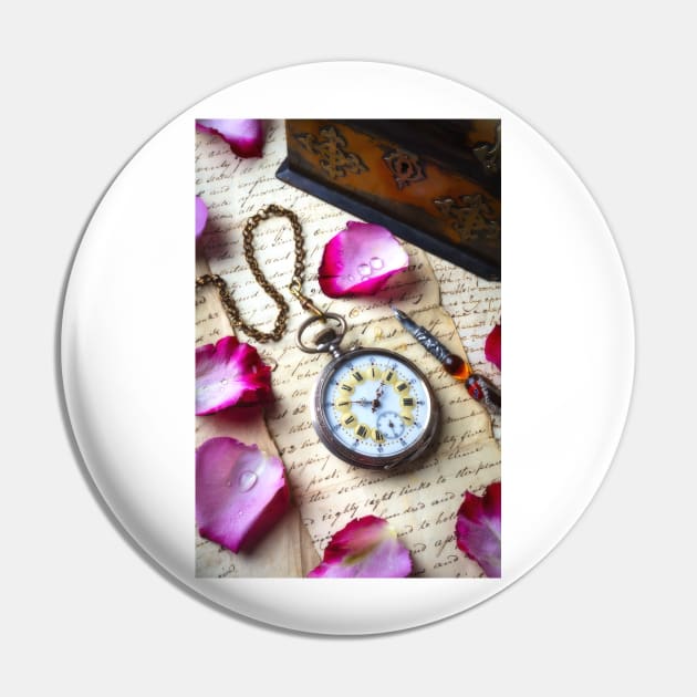 Old pocket Watch And Rose Petals Pin by photogarry