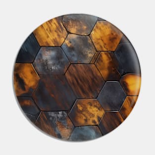 Geometric Timber: Crystalline Hexagons in Amber and Blue Pin