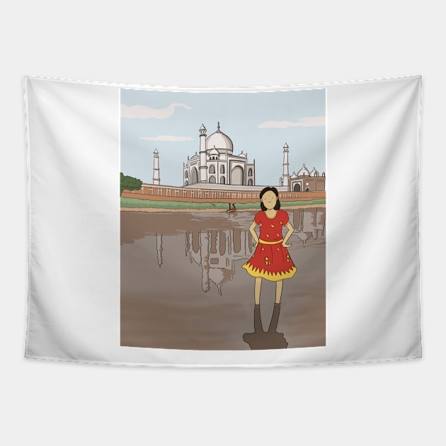 The Taj Mahal in India: girl standing in Yamuna river Tapestry by smithandco