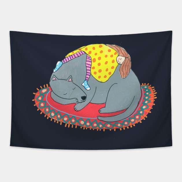 Asleep on a giant dog Tapestry by DoodlesAndStuff