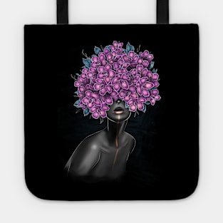 Black and white girl with color beautiful flowers in her head. Tote