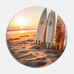 Surfboards on the sunset beach sand Surf lifestyle Pin