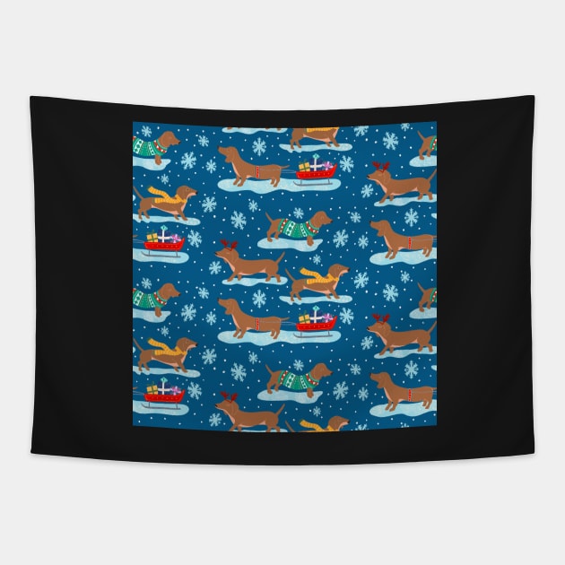 Dachshund dogs in the snow Tapestry by Papergrape