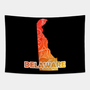 Colorful mandala art map of Delaware with text in red and orange Tapestry