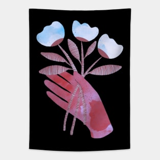 Red hand with blue flowers for you on black background Tapestry