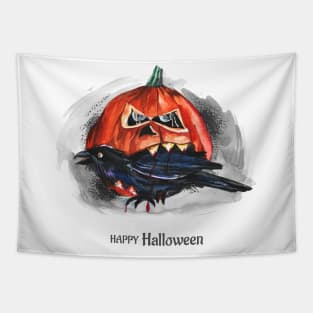 Happy Halloween Pumpkin Eating Raven Tapestry