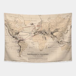 Vintage World Volcanoes, Earthquakes and Tsunamis Map (1852) Tapestry