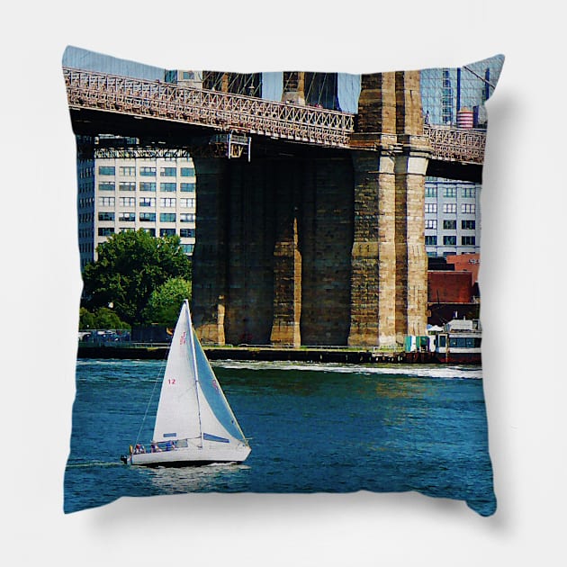 Manhattan NY - Sailboat by the Brooklyn Bridge Pillow by SusanSavad