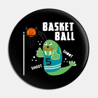 Walrus playing basketball cartoon Pin