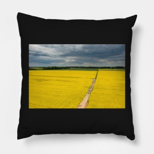 Agricultural landscape, fields of yellow colza under moody cloudy sky Pillow