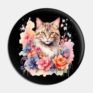 A cat decorated with beautiful watercolor flowers Pin