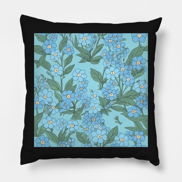 Forget-me-not flower pattern on Blue Background Pillow by kansaikate