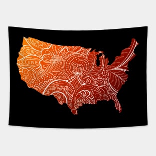 Colorful mandala art map of the United States of America in brown and orange Tapestry