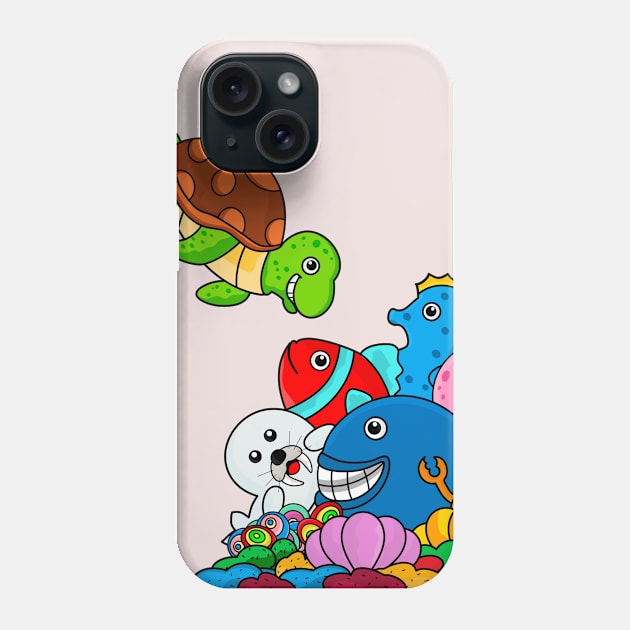 doodle type design depicts the underwater world of various marine animals Phone Case by Zephin's