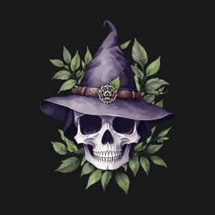 Wildcraft Witchery | Witch Skull | Witch Hat | Darkly Enchanting Skull and Herb | Earthy Skull with Leaves T-Shirt