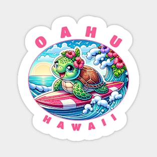 Oahu Hawaii Girls Cute Surfing Sea Turtle Magnet