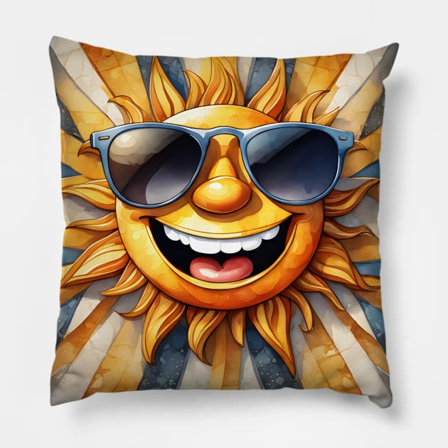 Sunny Smiles - Cheerful Sun with Sunglasses Wall Art Pillow by puravidavisions