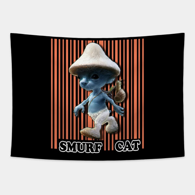 Funny Smurf cat Meme.Blue mushroom Cat meme. Tapestry by Longgilbert