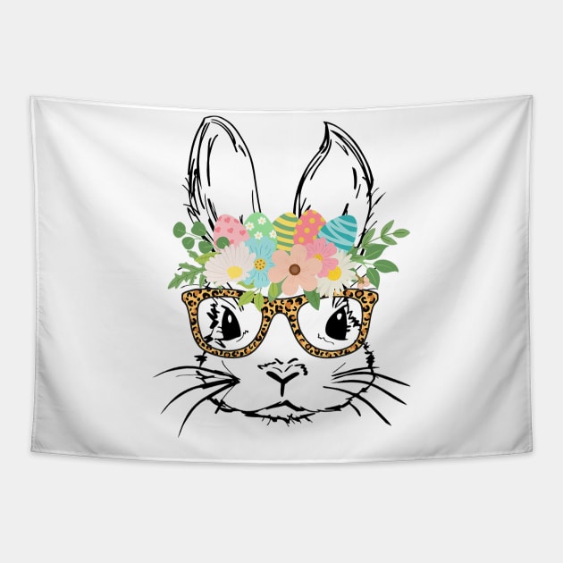 Cute Bunny Face With Leopard Glasses Women Girls Kids Easter Tapestry by Mitsue Kersting