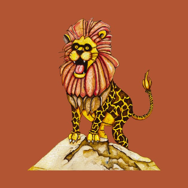 A lion with giraffe costume by Timone