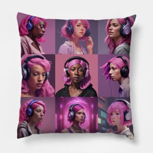 Pink haired ladies with purple headphones Pillow